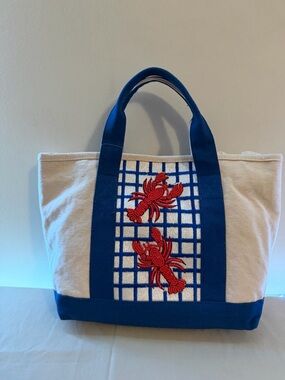 Blue & White Canvas Tote with Red Embroidered Crabs